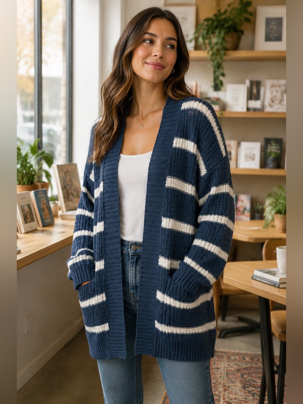 American Eagle Blue Cream Striped Open Front Cardigan Sweater XS